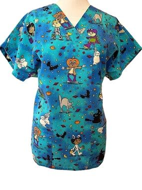 VTGs 90s whimsical cartoon ghost, bats, witches & pumpkins Halloween scrub top S